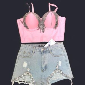 Pink Embellished Bustier Chic Crop Top & BlueB Rhinestone Denim Shorts. S/M